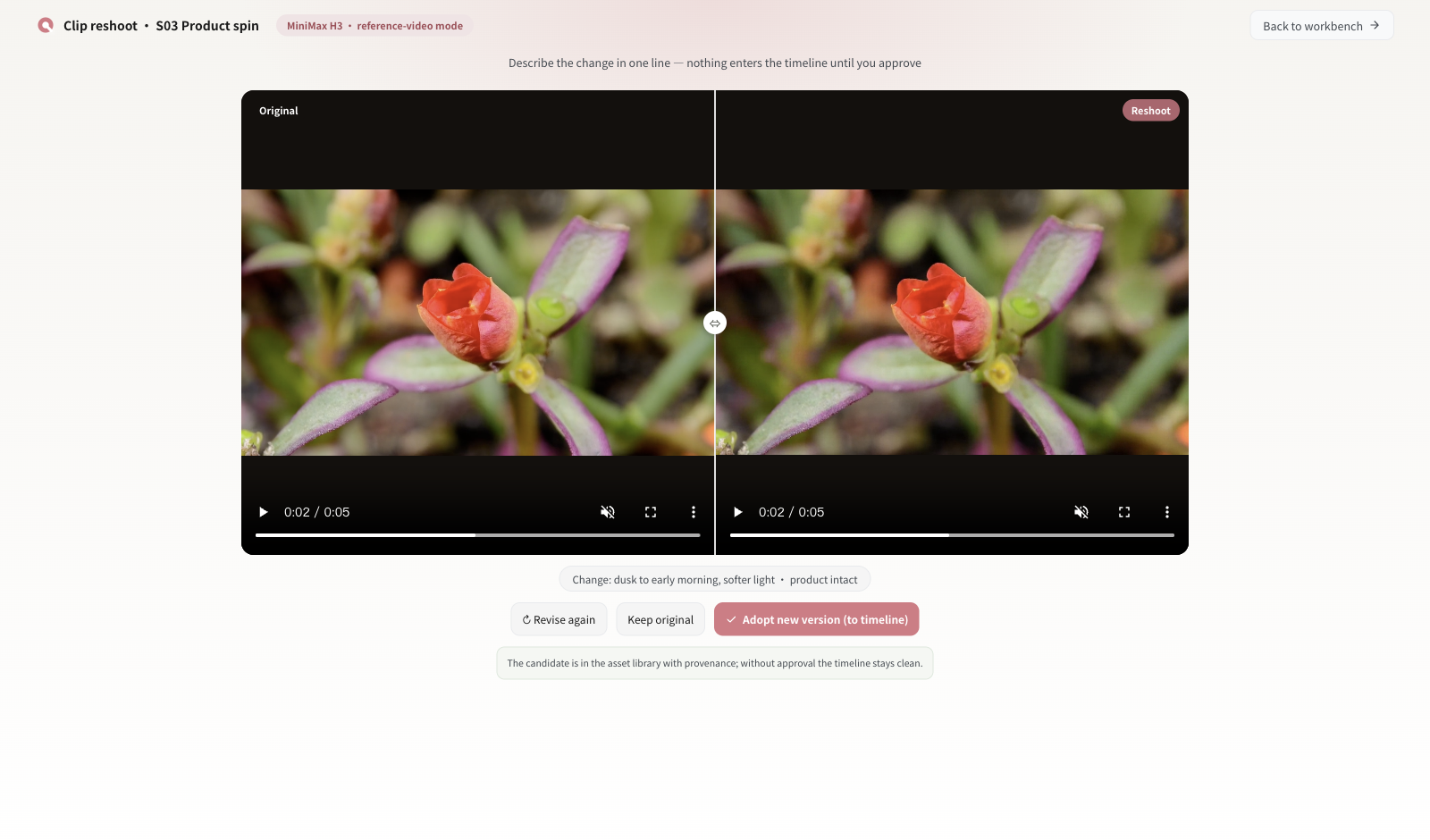AI film content: Water clip reshoot comparing original and reshoot side by side with a decision bar.